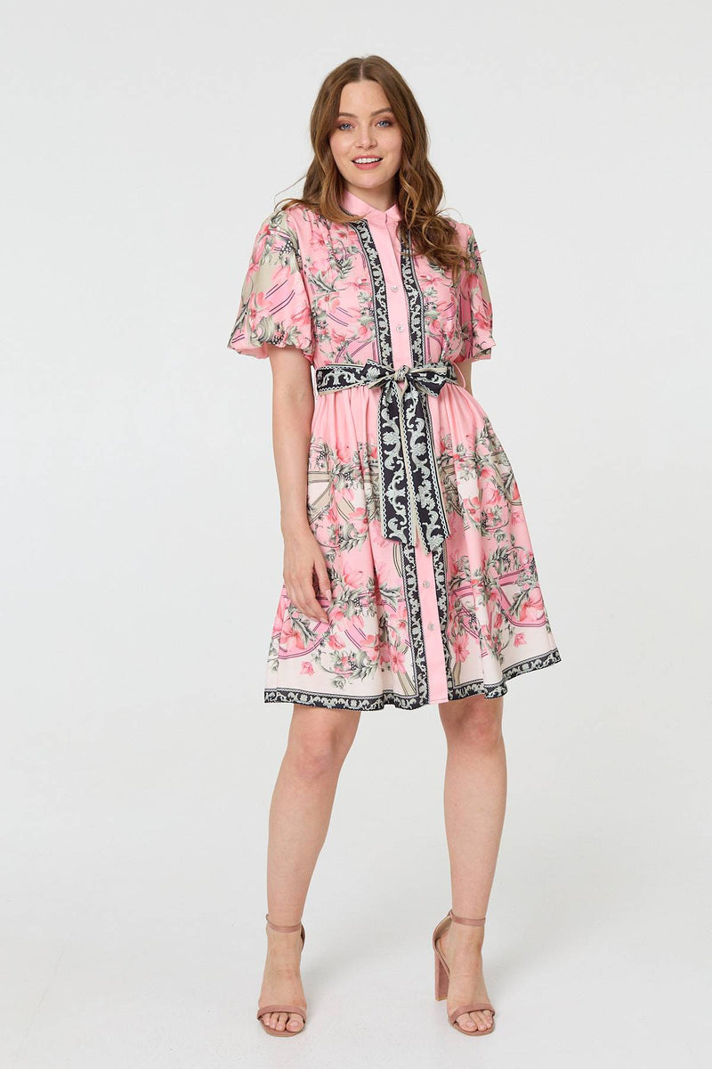 Border Print Tie Waist Short Dress