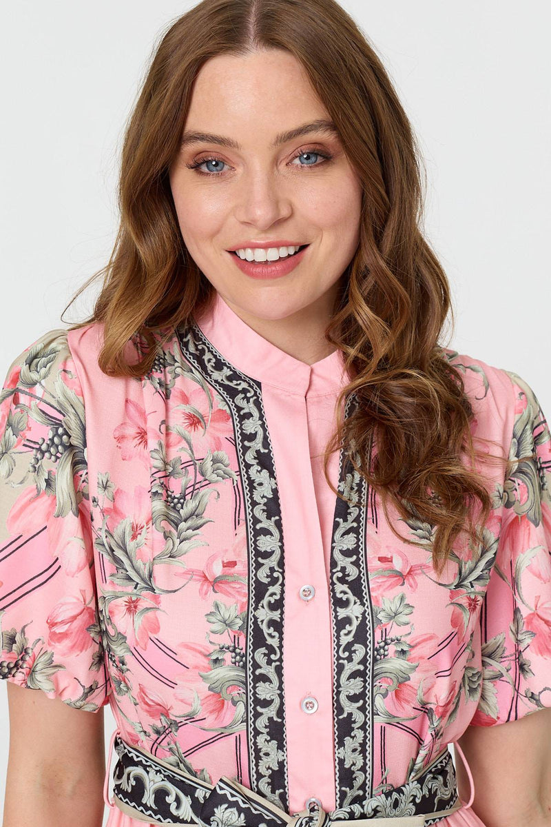 Border Print Tie Waist Short Dress