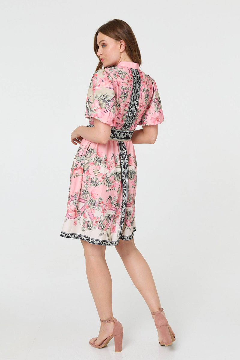 Border Print Tie Waist Short Dress