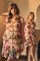 Brushstroke Floral V-Neck Smock Dress