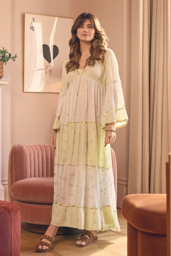 Embellished Tiered Empire Maxi Dress