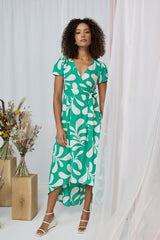 Printed Tie Waist Split Hem Midi Dress