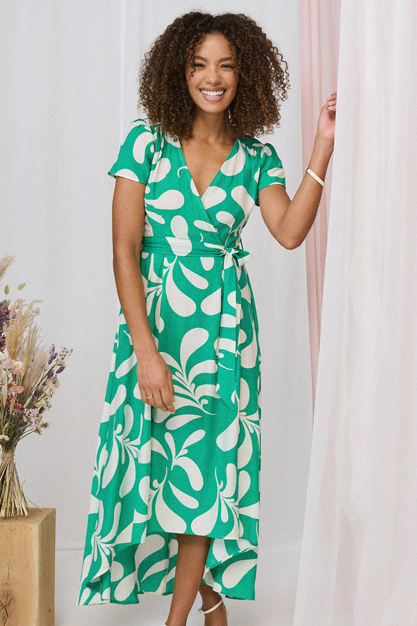 Printed Tie Waist Split Hem Midi Dress