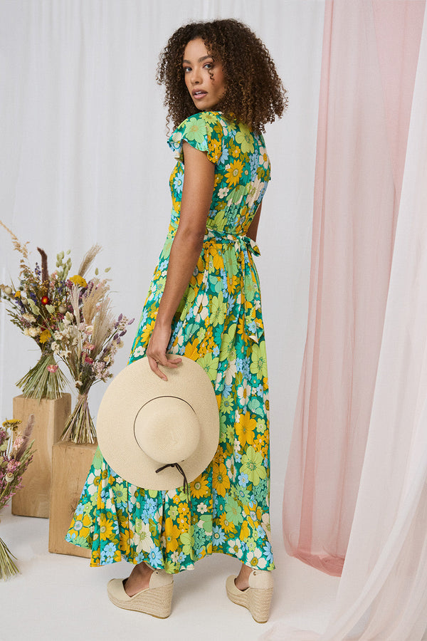 Floral Ruched Cap Sleeve Maxi Dress