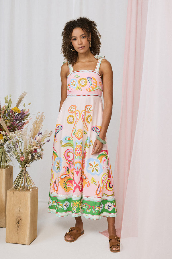 Paisley Print Tie Strap Sleeveless Midi Dress