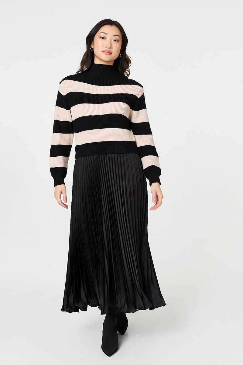 Striped High Neck Pleat Knit Maxi Dress