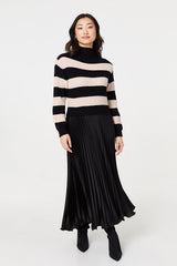 Striped High Neck Pleat Knit Maxi Dress
