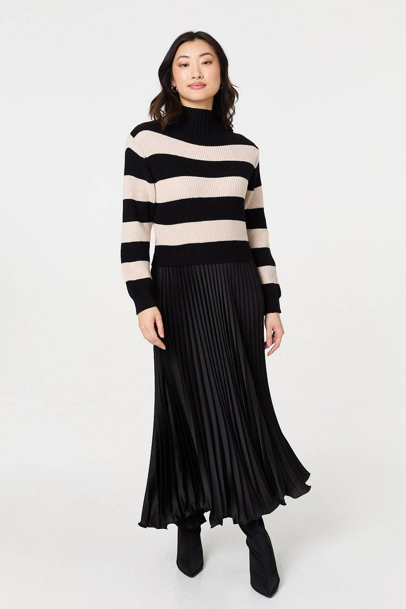 Striped High Neck Pleat Knit Maxi Dress