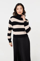 Striped High Neck Pleat Knit Maxi Dress