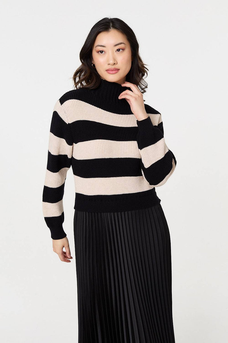 Striped High Neck Pleat Knit Maxi Dress