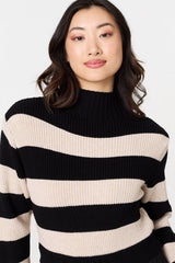 Striped High Neck Pleat Knit Maxi Dress