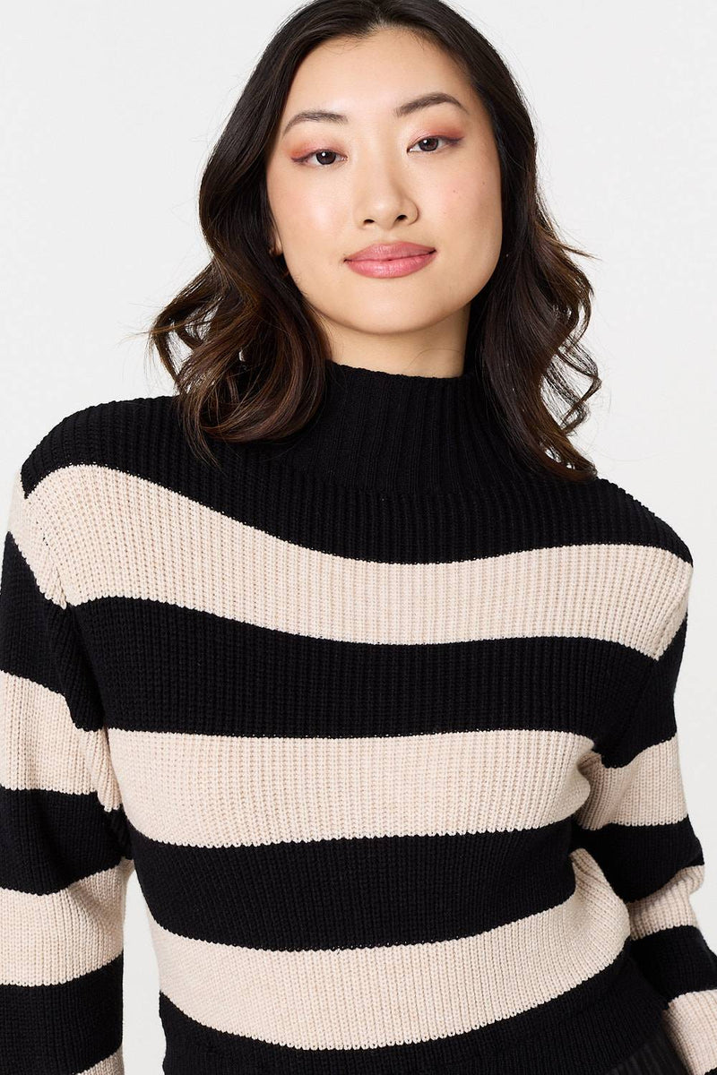 Striped High Neck Pleat Knit Maxi Dress