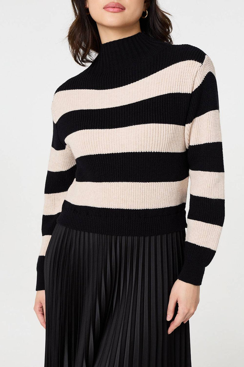 Striped High Neck Pleat Knit Maxi Dress