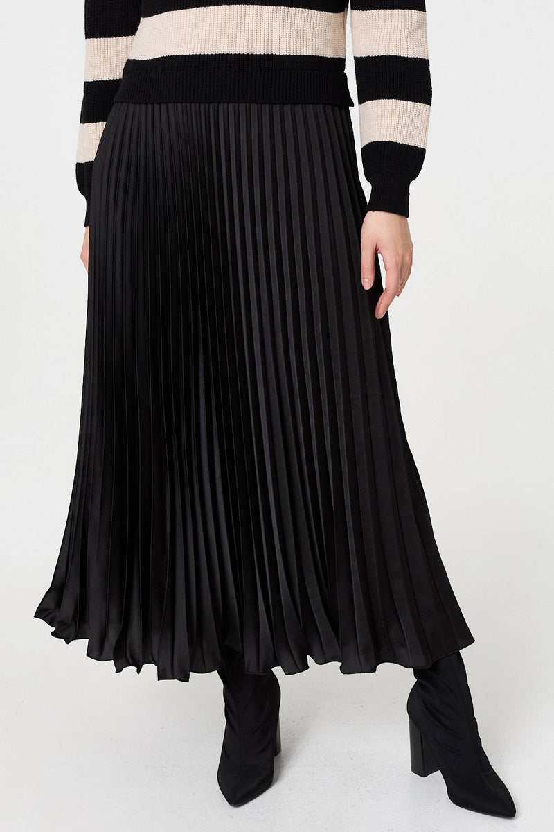 Striped High Neck Pleat Knit Maxi Dress