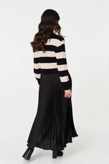 Striped High Neck Pleat Knit Maxi Dress