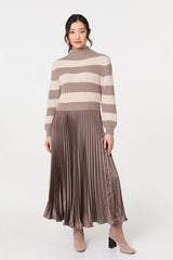 Striped High Neck Pleat Knit Maxi Dress
