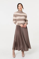 Striped High Neck Pleat Knit Maxi Dress
