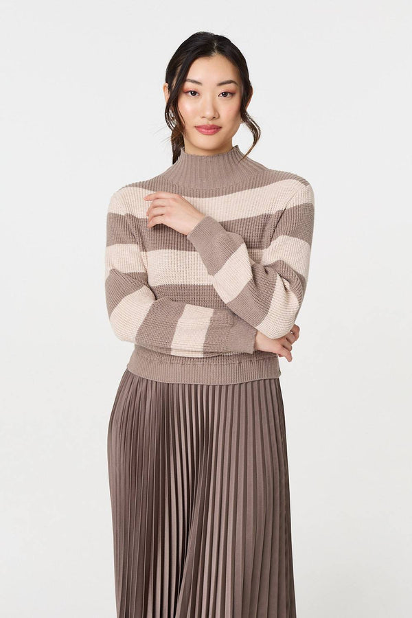 Striped High Neck Pleat Knit Maxi Dress