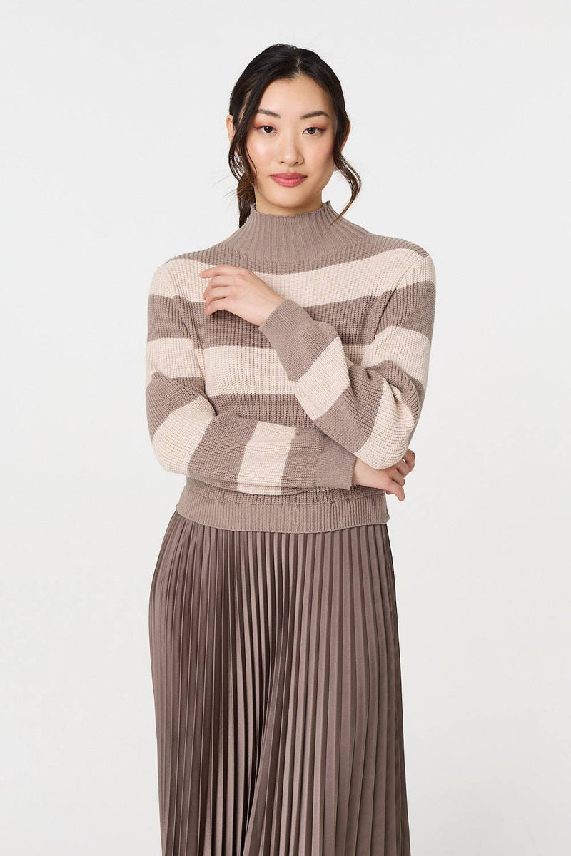 Striped High Neck Pleat Knit Maxi Dress