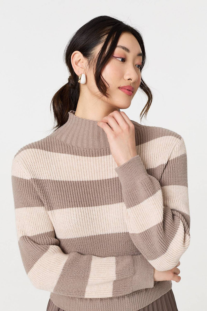 Striped High Neck Pleat Knit Maxi Dress