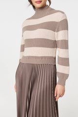 Striped High Neck Pleat Knit Maxi Dress