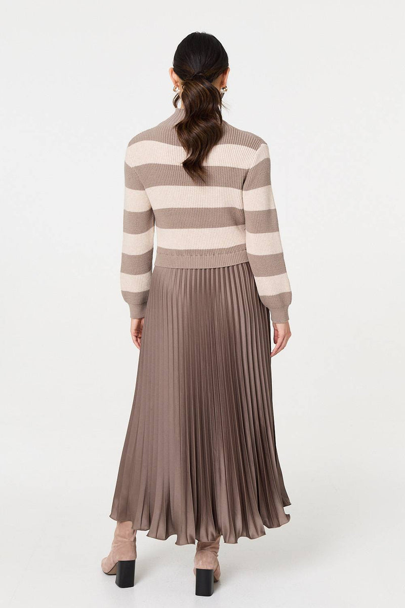Striped High Neck Pleat Knit Maxi Dress