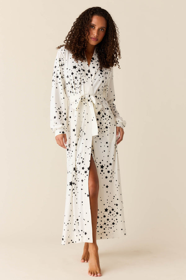 Skyler Cloud Jersey Banded Long Robe in White Stars