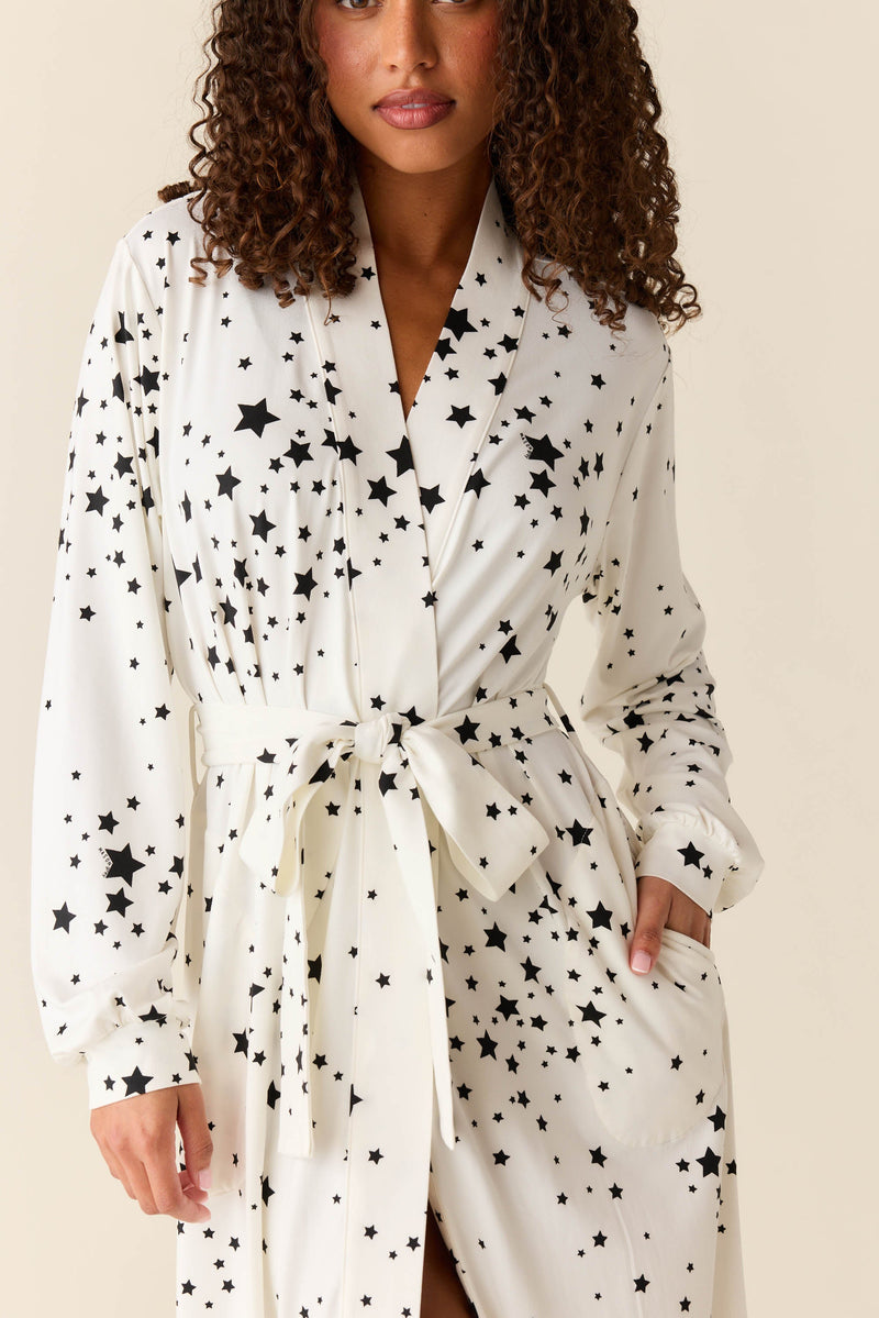 Skyler Cloud Jersey Banded Long Robe in White Stars