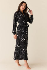 Skyler Cloud Jersey Banded Long Robe in Black Stars