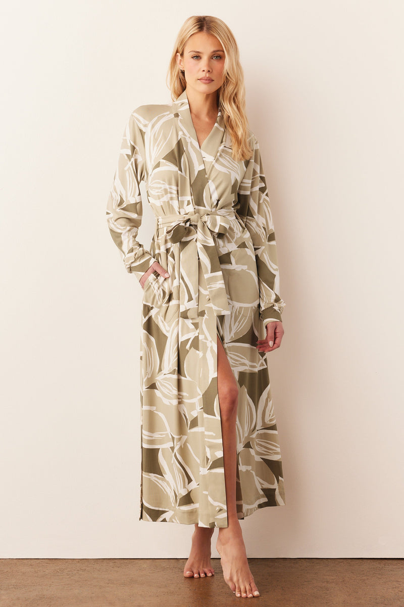 Skyler Cloud Jersey Banded Long Robe in Fern