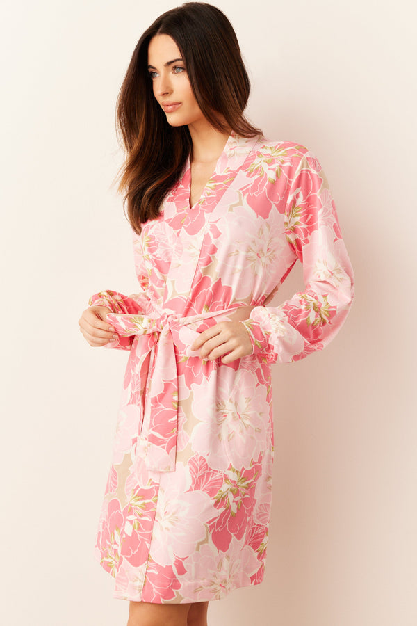 Quinn Cloud Jersey Banded Short Robe in Dahlia